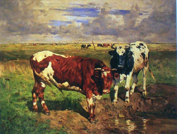 unknow artist Young bulls at a watering place